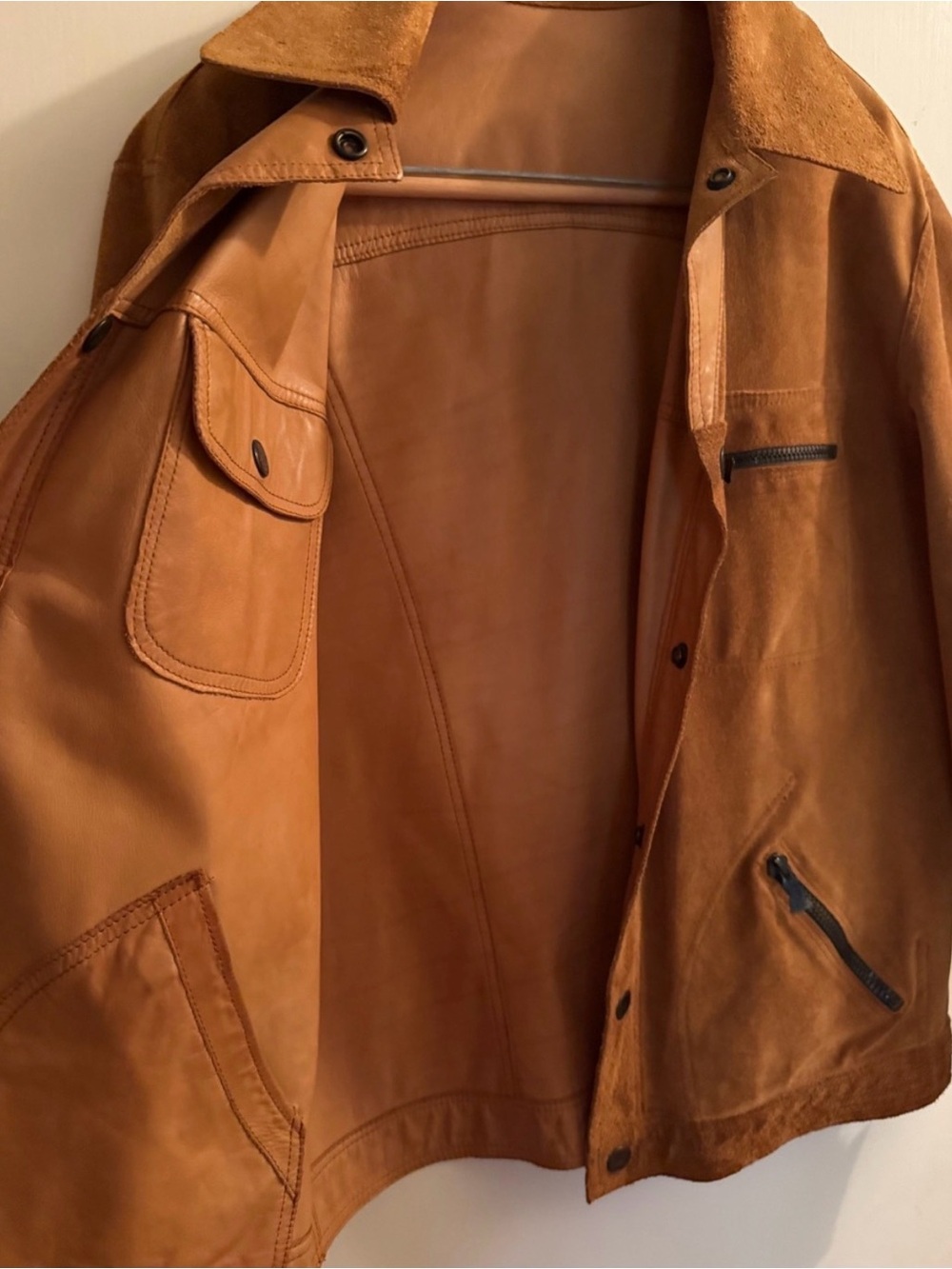Men's Tan Leather Trucker Jacket reversible. AMAZING!!! - Picture 5 of 8